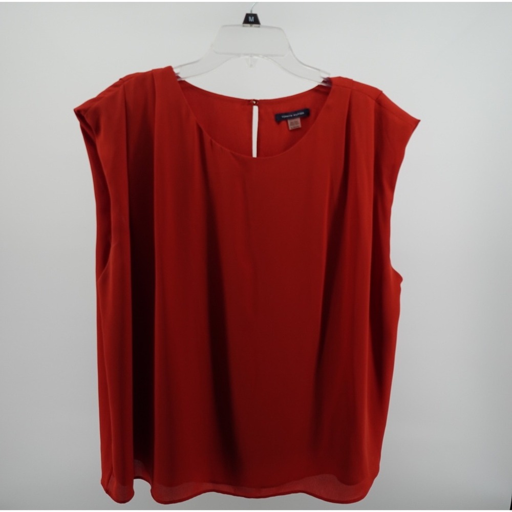 Tommy Hilfiger Womens Red Orange Pleated Sleeveless Blouse Keyhole Back Top‎ XL